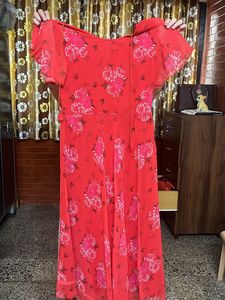 Red Floral Chiffon Midi Dress