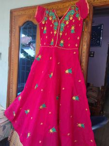 Pink Embroidered frock with pattu duppata