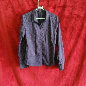 Navy Blue Polka Dot Silky Shirt Top Women