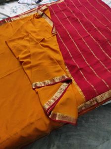 Mustard Yellow And Maroon Pure Crepe Silk Saree