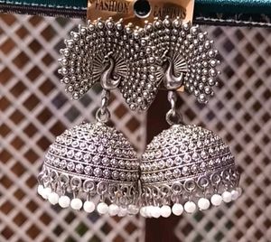 Silver Peacock Jhumka Earrings