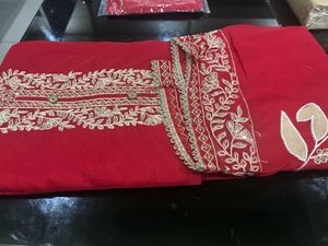 Red Embroidered  Churidar Material