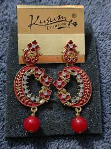 Red Floral Crescent Earrings with Bead Drop