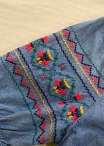 All About You Embroidered Sleeve Denim Top