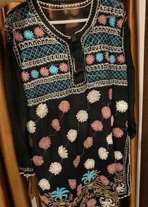 Women&#39;s Black Embroidery Lucnowi Kurti
