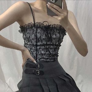 Y2K Black Floral Lace Top Ruffles Sexy Tank