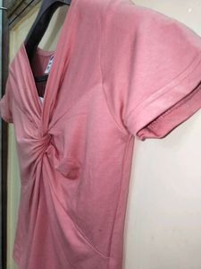 Rose Pink Twist Front Fitted T-Shirt
