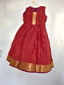 Red &amp; Gold Checked Traditional Silk Dress