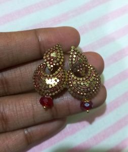 Golden And Red Earrings With Drop