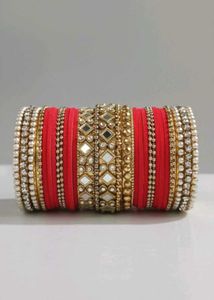 Red Velvet With Silver Metal Bangle Set