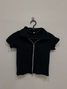Black Ribbed Zip-Up Collared Top