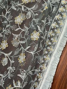 Grey Embroidered Floral Net Dupatta
