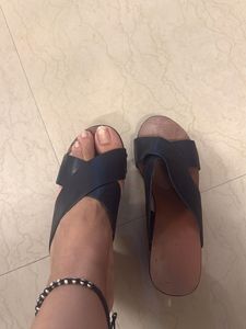 Black Leather &amp; Wood Heeled Mules