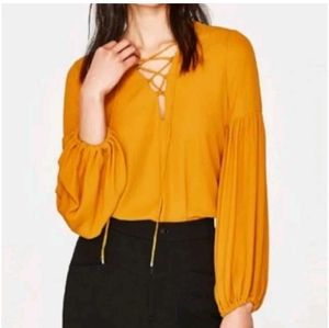 ZARA Mustard Bodysuit Blouse with Balloon Sleeves