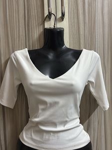 White V-Neck Ribbed Top