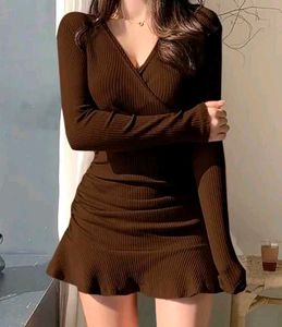 Brown Ribbed Mini Dress