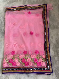 Ribbon Work Saree With Foil Mirror Kucchi Lace