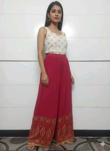 Red Palazzo Pants with Gold Detail