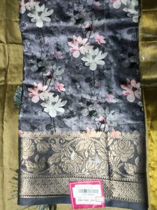 Floral Print Saree with SilverJariBorder+UnstitchB