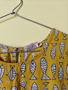 Mustard Fish Print Cotton Dress