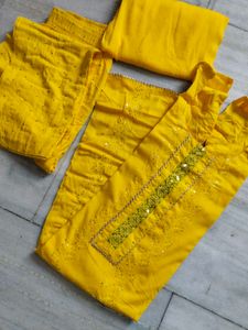 Yellow Cotton Kadai Suit Set