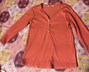 Coral Ribbed Knit Button-Up Top