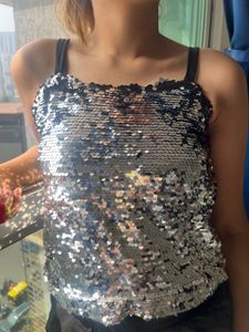 Black &amp; Silver Reversible Sequin Party Top -Size S