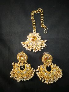 Gold Plated Bridal White Stone Earrings Maang Tika
