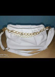 Pearl Handle White Ruched Bag