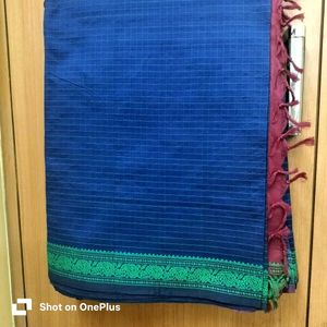 Blue Checked Saree with Green Border