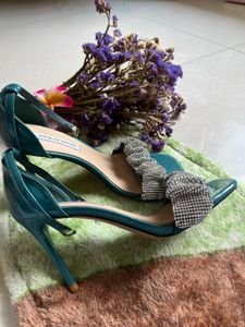Teal Heels with Rhinestone Bow