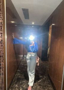 Blue Ruffle Sleeve Crop Top