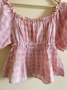 Pink Plaid Puff Sleeve Top