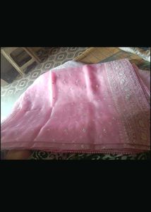 Pink Embroidery saree with white blouse piece