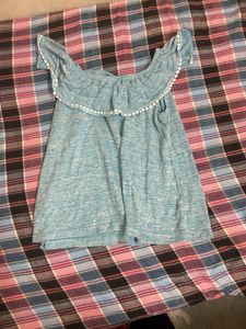 Light Blue Boho Off-Shoulder Pom-Pom Top