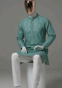 Aqua &amp; White Embroidered Kurta