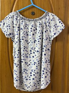White Blue Printed Top