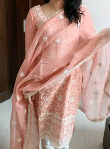 Women Peach Cotton Mix Chikankari Work Suit