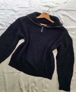 Black Knit Zip-Up Sweater