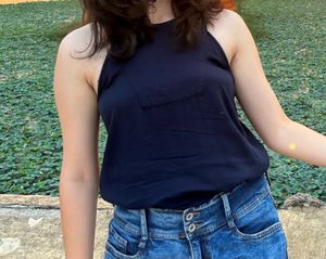 blue haulter neck Top