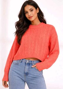 Coral Cable Knit Cropped Sweater