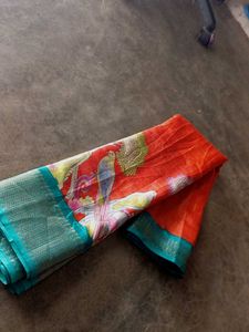 Orange Saree with Scenic Bird &amp; Tree Print