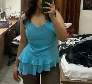 Aqua Blue Embellished top with cute bottom frill