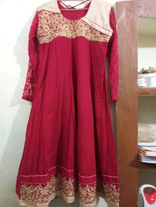 Embroidery Cotton Anaarkali Kurti With Net Sleeves