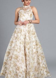 Ethnovog Off-White Brown Printed Fir To Flare Gown