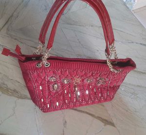 Red Quilted Handbag with Gold Detail