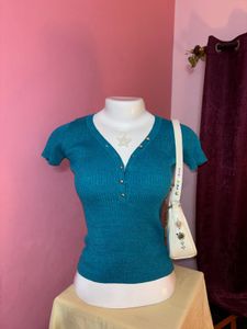🌀y2k teal glittery fitted top 🌀