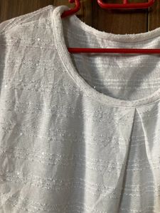 White Textured Cotton Short Sleeve Top for Women