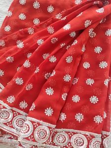Women Red Sequence Saree With Blouse