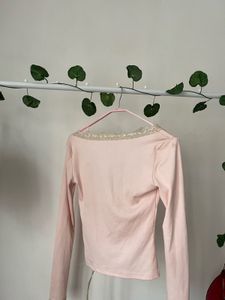 Pink Lace Trim Long Sleeve Top